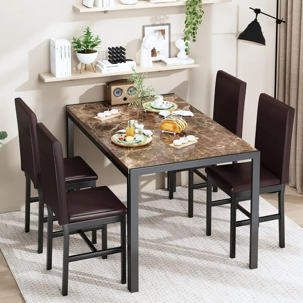 Dining Table Set for 4, Faux Marble Kitchen Tables and Chairs for 4, Dining Table Sets w/Leather Upholstered Dinner Chair