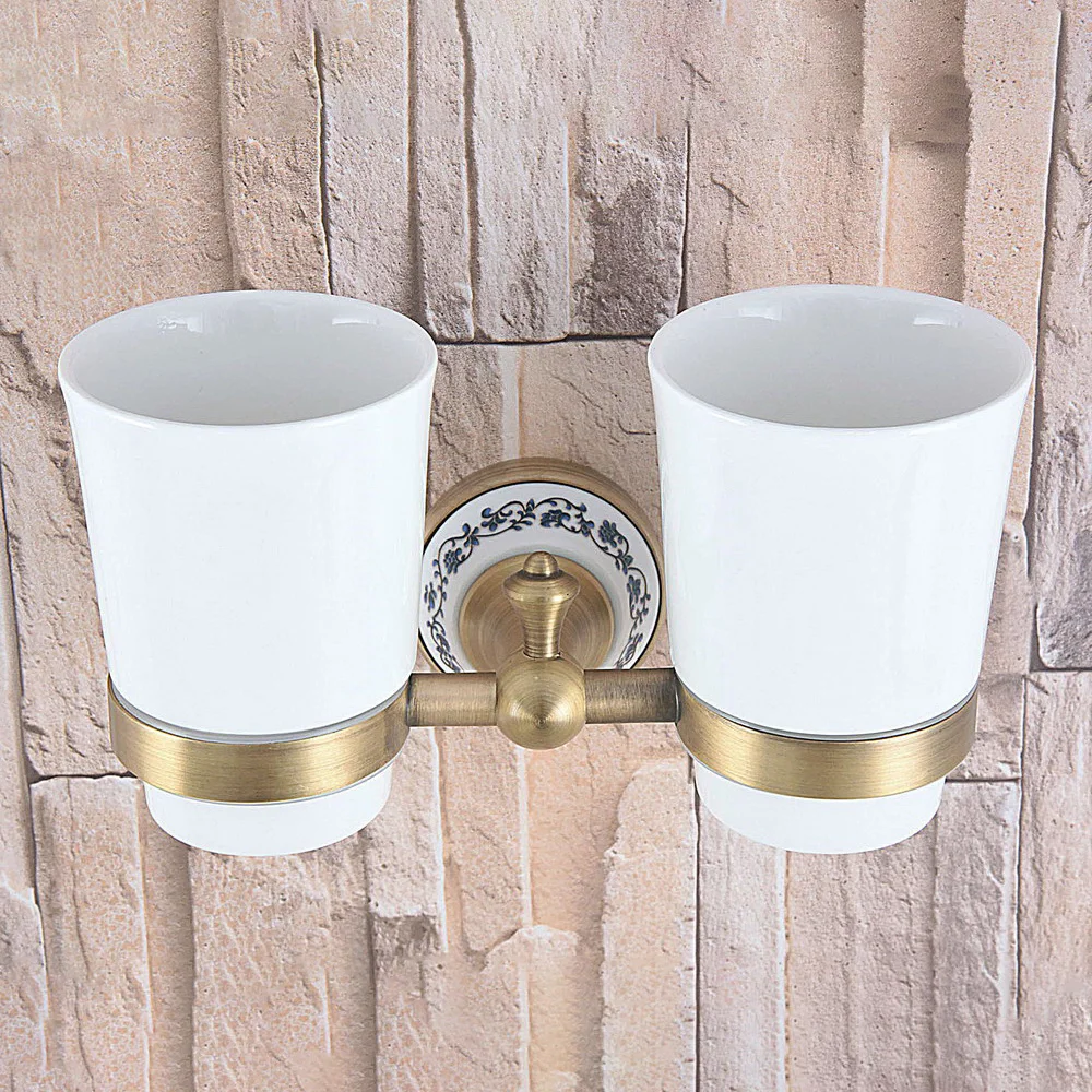 High Quality Bathroom Antique Brass Toothbrush Holder + Two Ceramic Cups Wall Mounted Bathroom Accessories Nba780