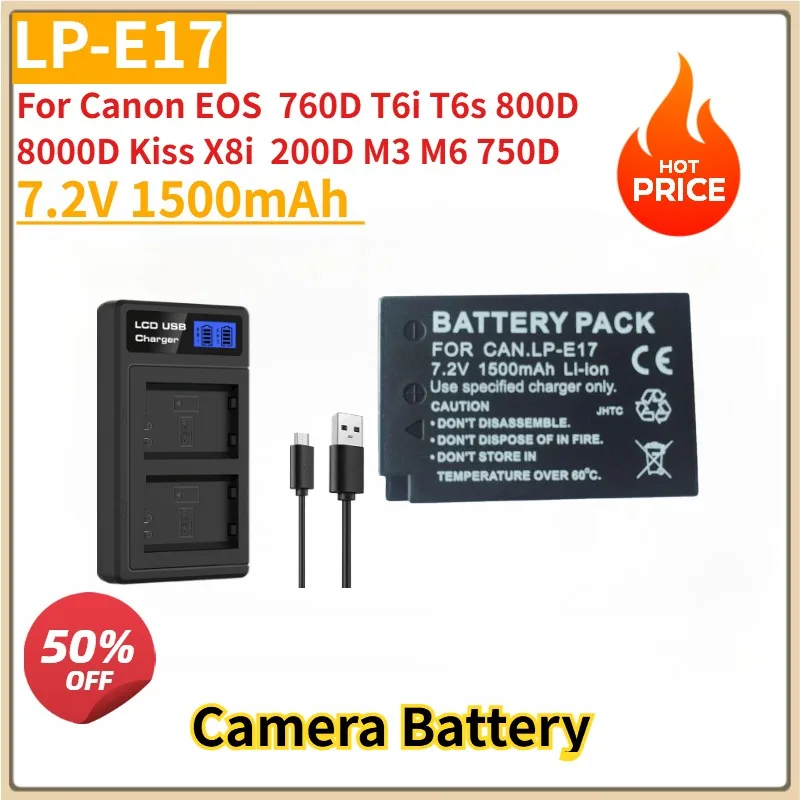 

New Replacement Camera Battery LP-E17 7.2V 1500mAh Battery + LCD USB Dual Charger for Canon EOS 760D T6i T6s 800D 8000D Kiss