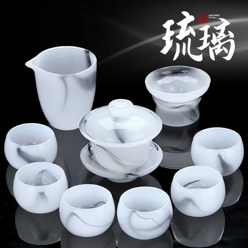 Glass Jade Porcelain Tea Pot Kung Fu Cover Bowl, High end Full Set Tea Set Combination, White Jade Tea Cup, Home and Office Gift