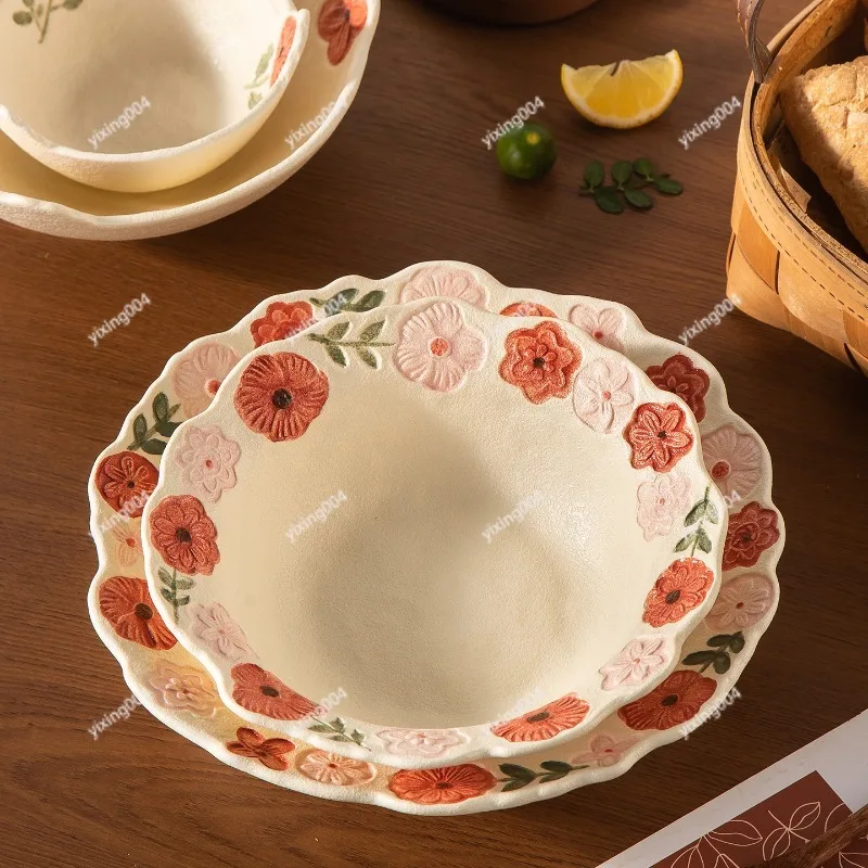 Carved Ceramic Bowl With Floral Pattern Household Tableware For Fruit Daily Food Personal Use