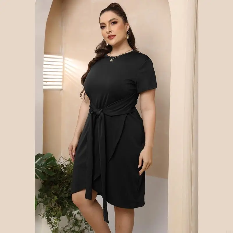 l38e-donna-estate-manica-corta-midi-abito-lungo-t-shirt-unita-cravatta-in-avvolgente-anteriore-split-orlo