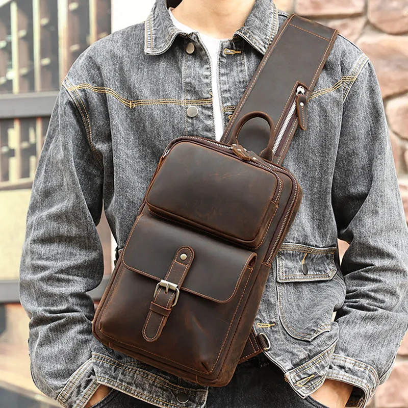 Crazy Horse Genuine Leather Sling Chest Bag Men Handmade Retro Multi Compartment Crossbody Shoulder Backpack One Shoulder Bags
