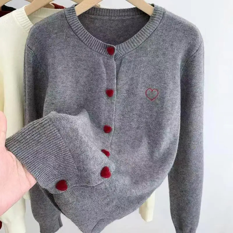 Ele Long Sve Knitted Open Cardigan Women's Soft Cozy Loose Fit Sweater Embroidered Heart Design Autumn Winter Top