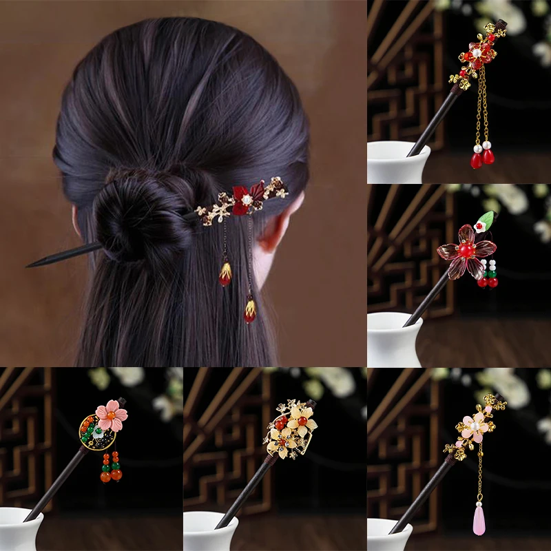 Vintage Wooden Hair Stick Chinese Style Winding Flower Hairpin With Tassel Classical Elegant Lady Hair Clip Hair Accessories