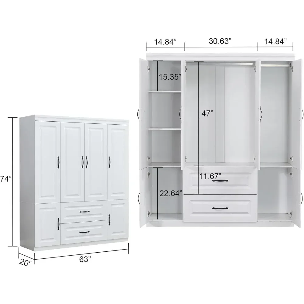 Armoire Wardrobe Closet: White Large Bedroom Armoires Wood Wardrobe Cabinet with 4 Door 2 Drawers Tall Wardrobe Closet