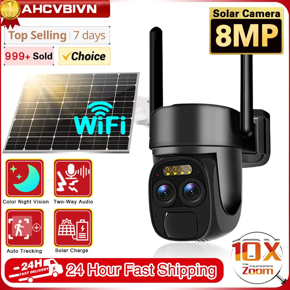 4K 8MP Dual Lens WIFI Solar Camera Outdoor 10X Optical Zoom Two-way Audio Color Night Vision Bulit-in Battery Security Camera