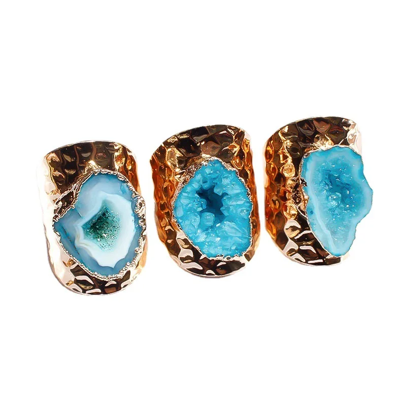 

Handmade genuine hot-selling natural rough stone crystal hole ring irregular agate fashion gold-plated ring personalized jewelry