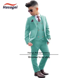 Turquoise Kids Formal Suit 3 Piece Double Breasted Vest Wedding Boys Tuxedo Custom Outfit Party Dress