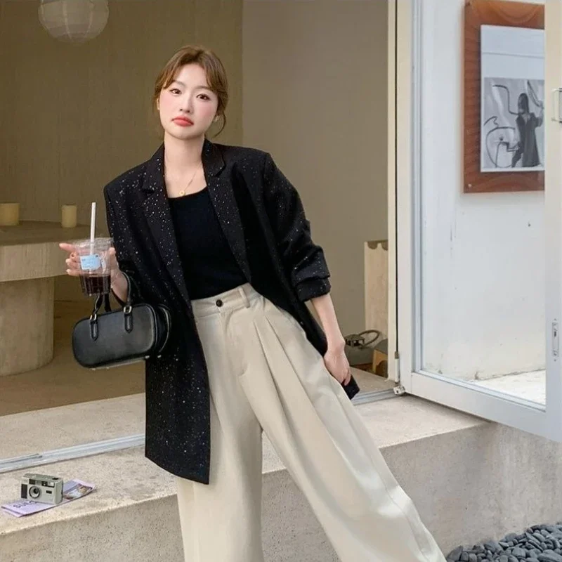 

2025 весенне-осенний новый женский пиджак, черный, легкий, для взрослых, высокое качество, винтажный, сверкающий, миниатюрный, свободный, повседневный, с длинным рукавом