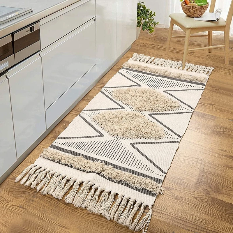 Inyahome-Boho Kitchen Runner Rug, Cotton Tufted, Geometric Rugs with Tassels, Chic Diamond, Farmhouse Rug, Hallway Throw Doormat