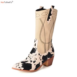 Stivali da Cowgirl wassern da donna stivali da Cowboy con stampa mucca stivali da Cowboy a metà polpaccio carini comodi Madden Girl Patchwork scarpe da cucire 2024 primavera autunno