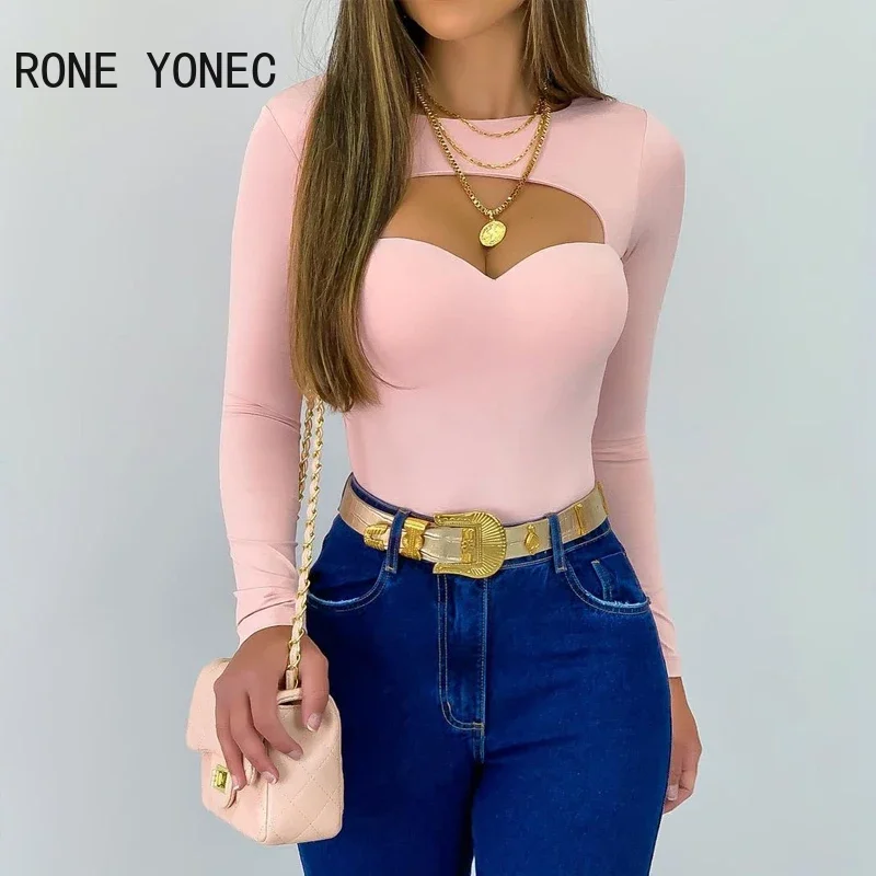 Women Chic Solid Basics Sexy Long Sleeves Bodycon Pink Blouse