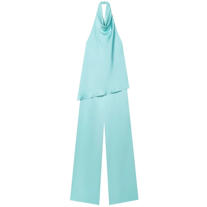 HXAO Asymmetric Satin Halter Jumpsuits Women's Jumpsuit Blue Loose Off Shoulder Backless Sleeveless Jumpsuits Vacation Overalls