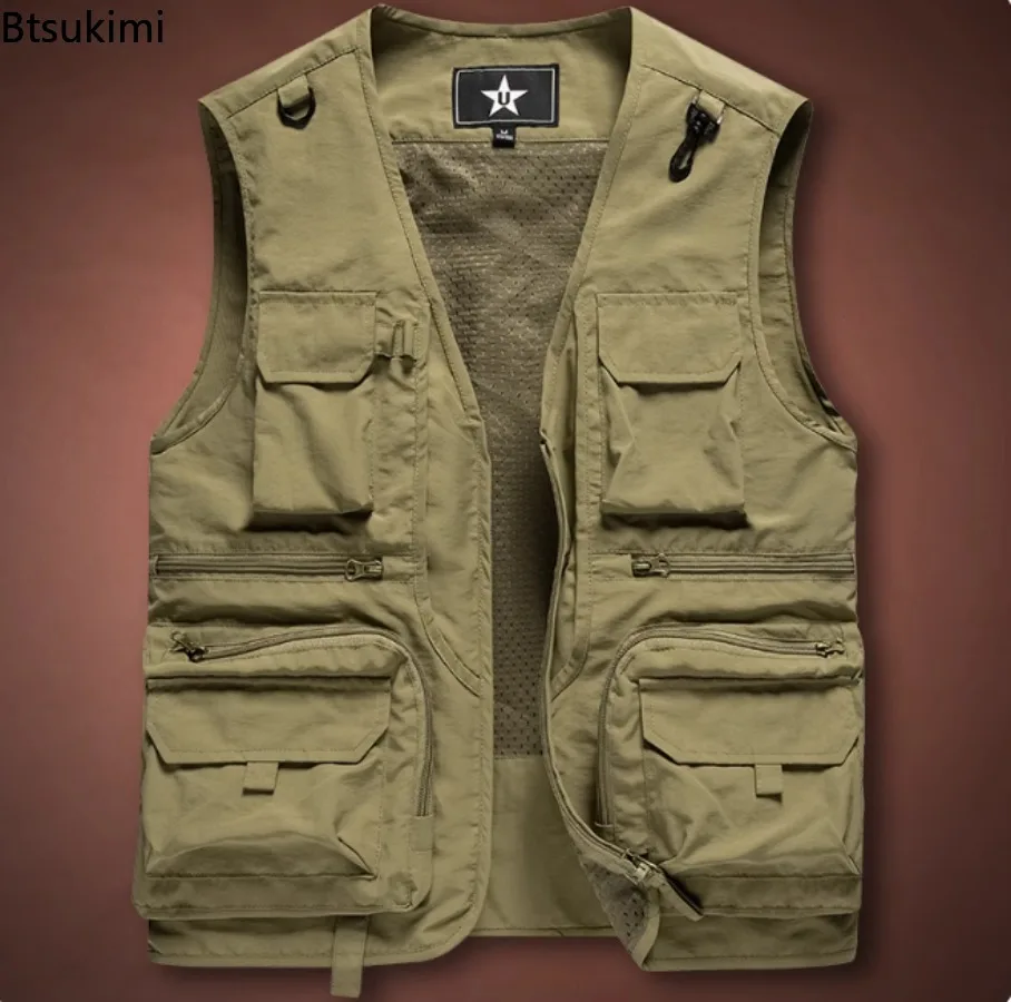 2025 New Men's Vest Tactical Webbed Gear Coat Summer Photographer Waistcoat Tool Many Pocket Mesh Work Sleeveless Jacket Male