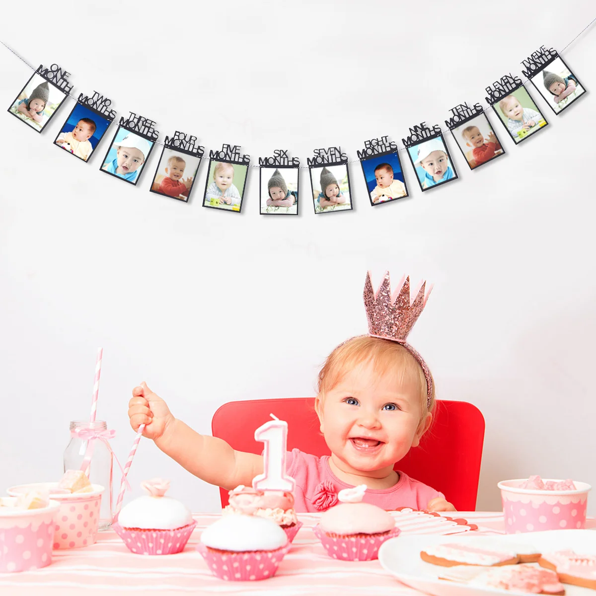 Black Photo Banner Retro Baby's First Birthday Bunting 12-month Photo Show Birthday Party Supply Birthday Decoration -Letters (B