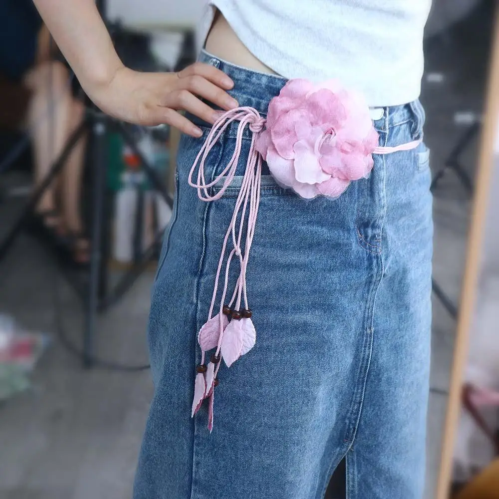 Girls Elegant Tassle Big Flower Chiffon Thin Belts Waist Chain Waistband Waist Rope