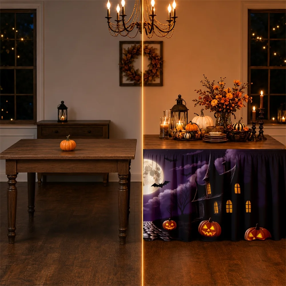 1 piece of tablecloth, Halloween haunted house, full moonzyc bat, pumpkin lantern, purple night scene, festival party decoration