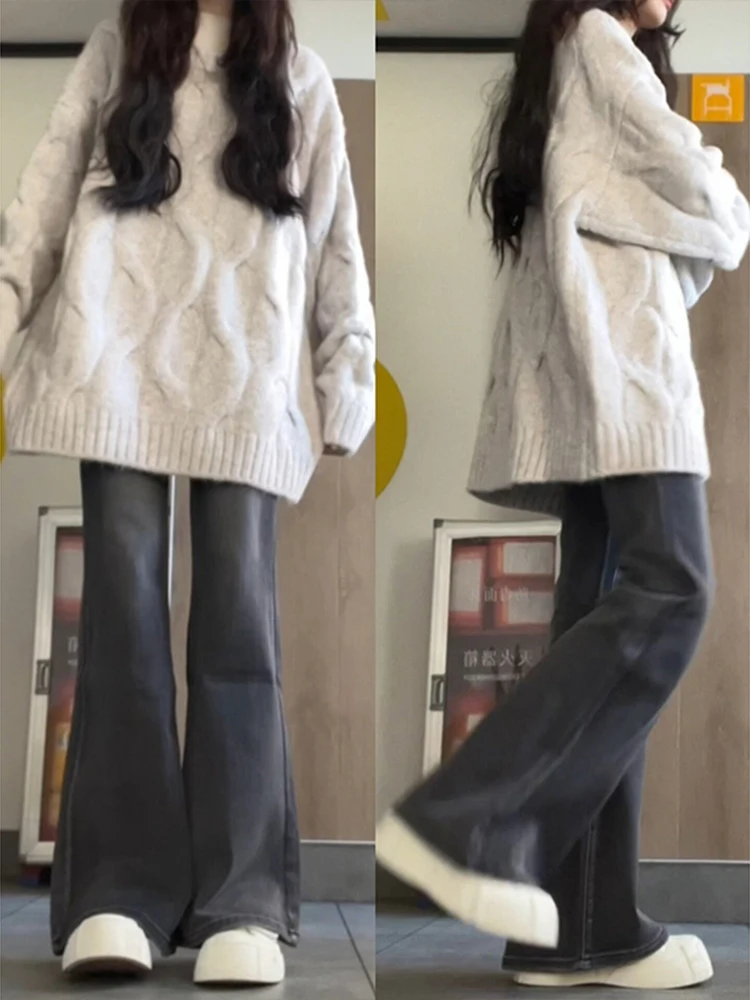 

Расклешенные джинсы с высокой талией, женские осенне-зимние свободные утягивающие брюки на подкладке с широкими штанинами небольшого размера Bla ey New Sle