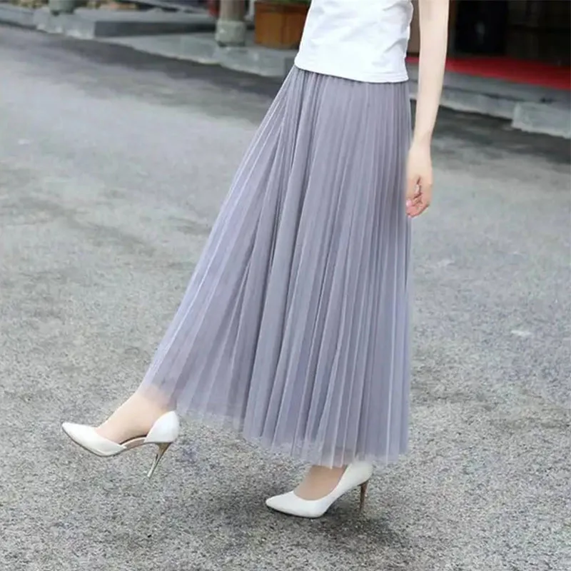 Vintage Tulle Skirt Women Streetwear Elastic High Waist Mesh Pleated Skirts Summer Elegant Korean A Line Office Ladies Skirt New