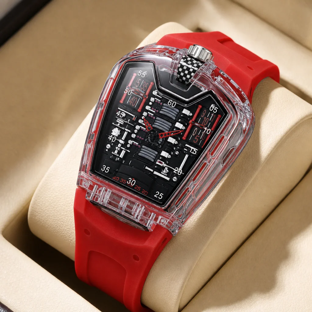 

1pcs Men's black dial silicone strap vintage fashion tonneau case skeleton sporty details Quartz Watch for daily business party