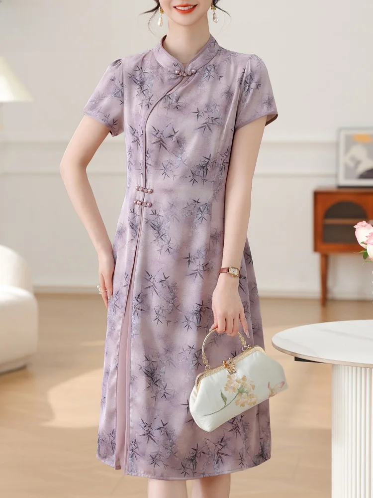 

New Chinese Sle ort Sve angpao Dr Faionable Midi Length for Middle-Aged And ly Women Summer Season