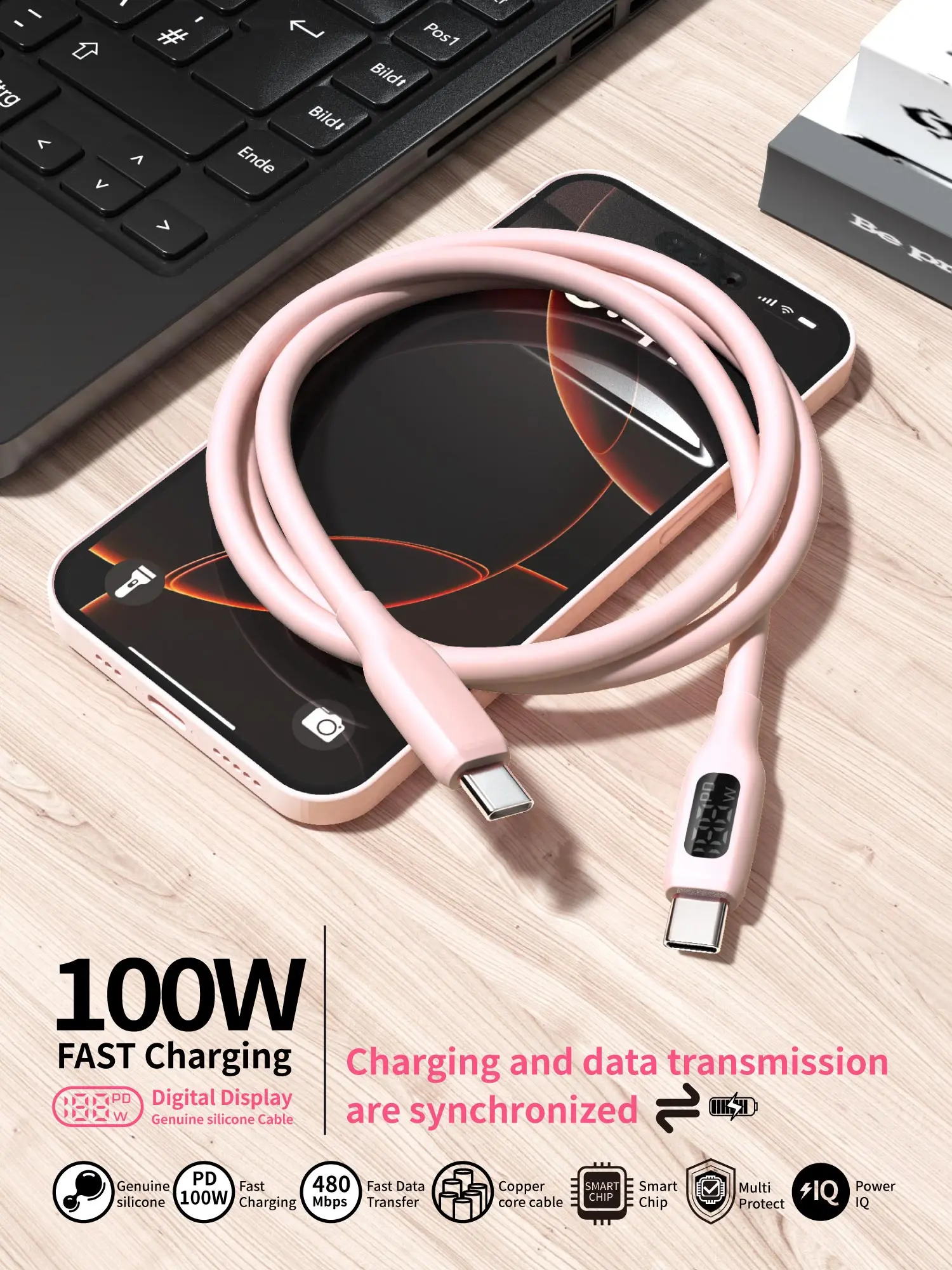 100 W USB-C-Schnellladekabel, superflexibles Silikon-Ladekabel, rosa, für Telefon, Tablet, Laptop – Detail 2