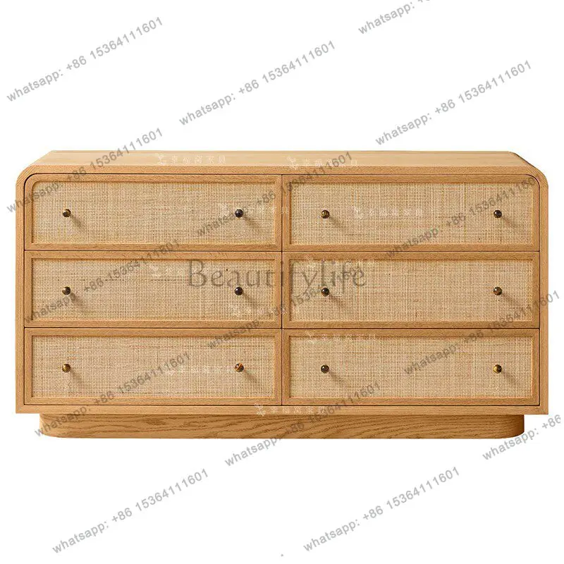 

Medieval log wind solid wood rattan six chest cabinet American retro homestay decoration