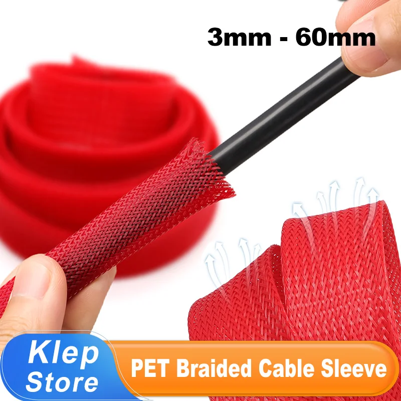 1~50m Red Expandable Cable Sleeving 2/4/6/8/10/12/14/16/20/25/30/35/40/50/60mm PET Braid Flame Retardant Line Management Sheath