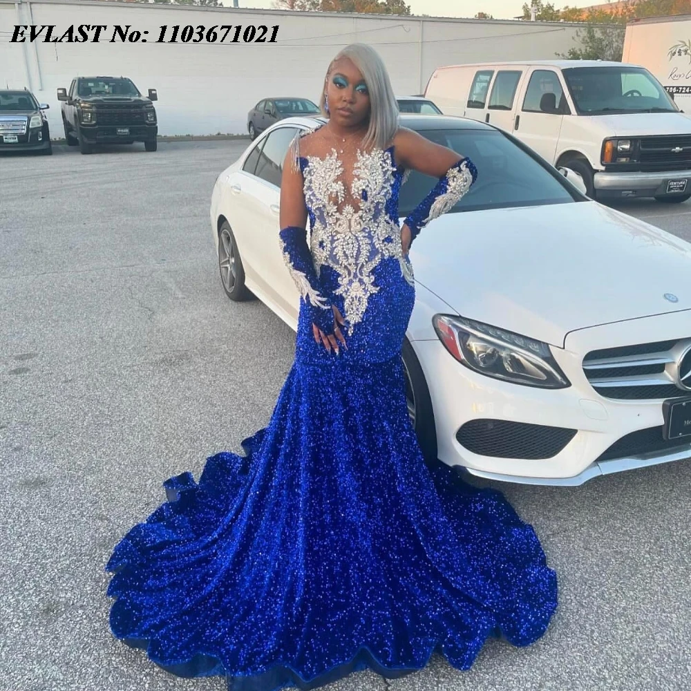 EVLAST Customized Royal Blue Sequins Mermaid Prom Dress Long Sleeve For Black Girls Rhinestone Beaded Birthday Gala Gown P38