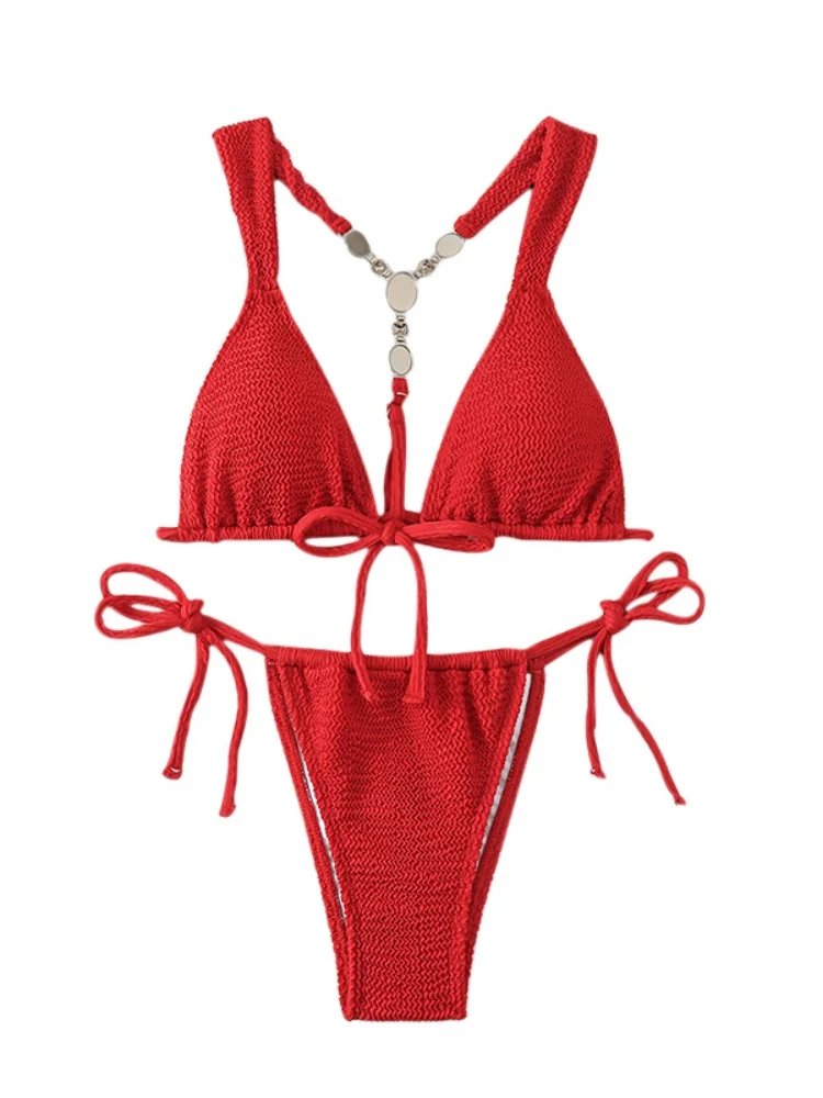Bikini Women Swimsuit 2025 New Solid Sling Bikinis Set Sexy Lace Up Pearl Decoration Swimwear Summer Beach Bathing Suit Female