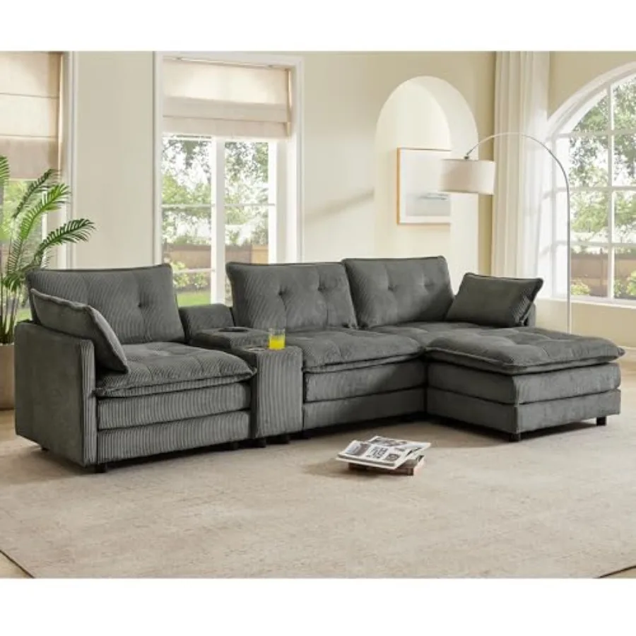

119" L-Shaped Oversized Corduroy Modular Sectional Sofa with 1 Ottomans and Multi Functional Console, 4-Seater Upholstered Couc