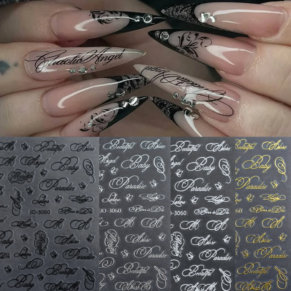 Buchstaben-Nagelaufkleber im Y2K Gothic-Stil, schräg gestaltetes englisches Design, goldene, silberne, schwarze, weiße Nagelaufkleber, DIY-Nageldekor – Detail 4