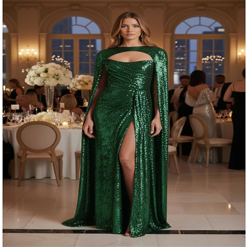 Langes Abendkleid mit Pailletten für Damen, grün, elegante Partykleider 2025, langes Damen-Abschlussballkleid, individuell gestaltet mit Kappe