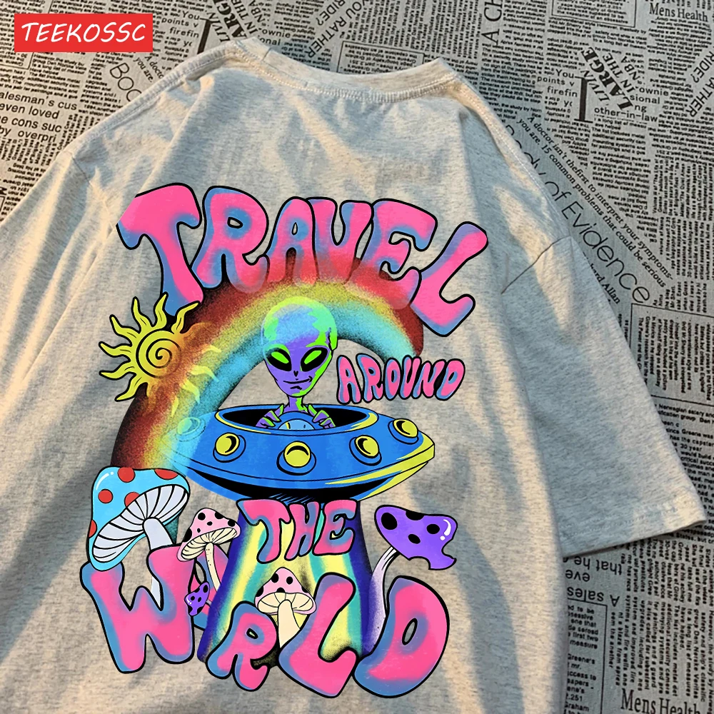 Fashion Cotton Woman T-Shirts Alien Ufo Travel Around The World Prints Short Sleeve O-Neck Soft Breathable Street Female Clothes