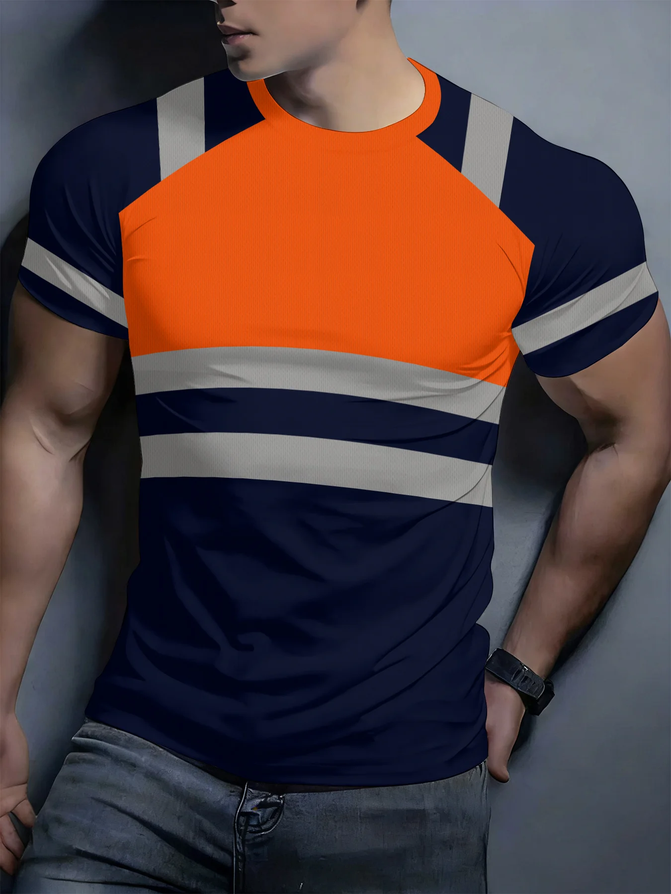 New men's short-sleeve T-shirt, loose-fitting and tailored with printed designs, versatile basic crew-neck top suitable for spri