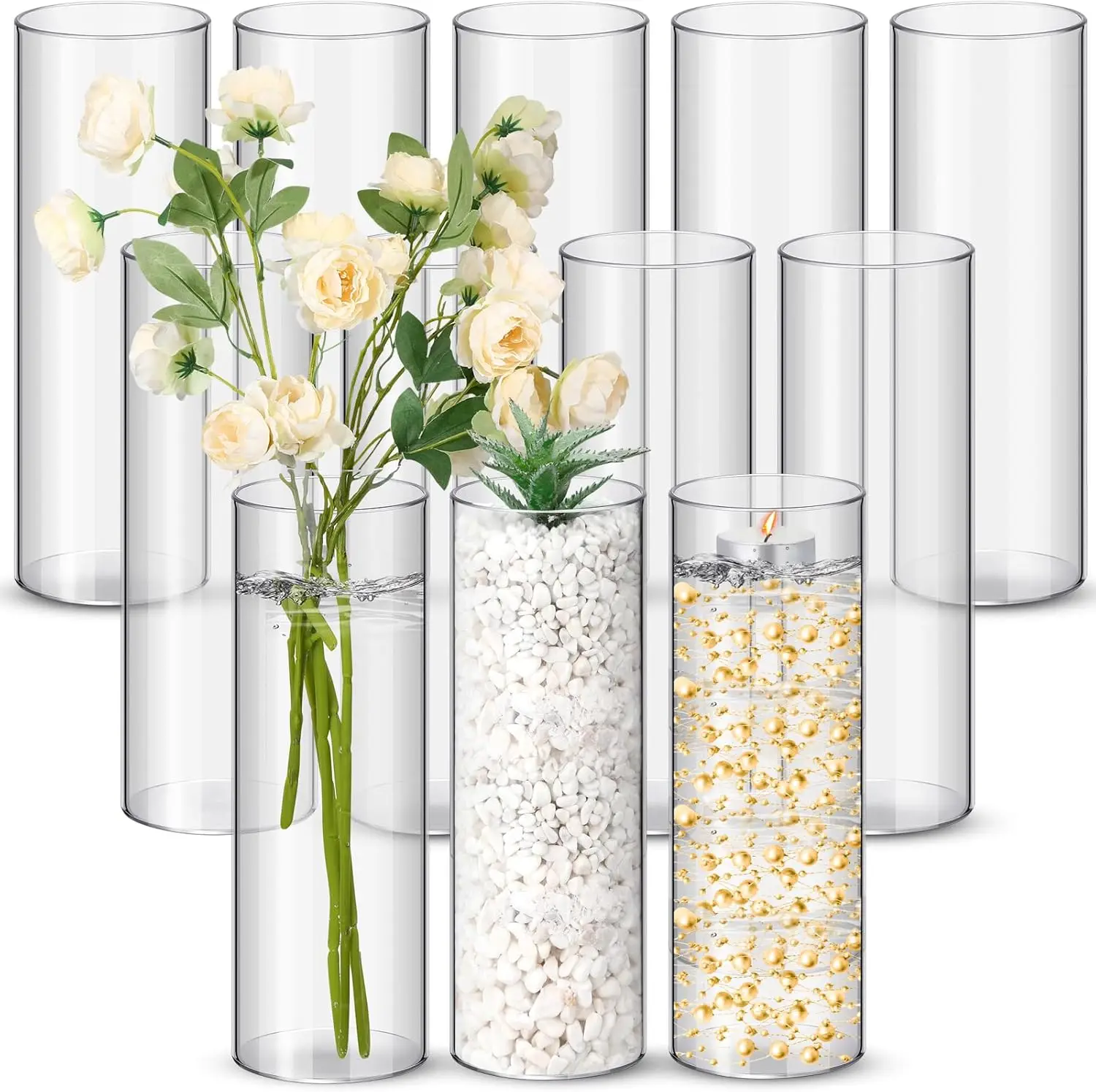 Nuogo 12 Pcs Acrylic Clear Cylinder Vase 10 X 4 X 4 Inches Plastic Cylindrical Flower Vases For Wedding Centerpieces Home