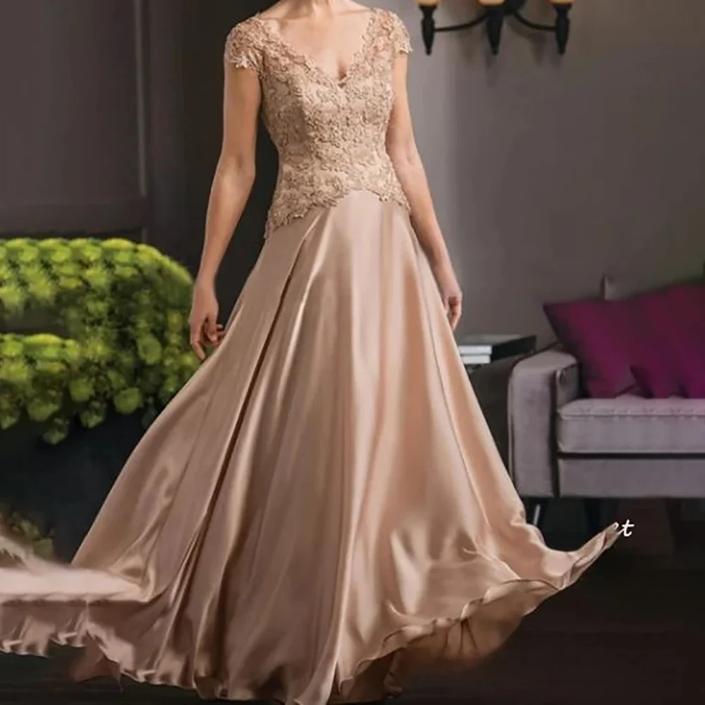 

V-Neck Appliques A-Line Mother Of The Bride Dress Floor Length Cap Sleeves Illusion Back Pleat for Wedding Party