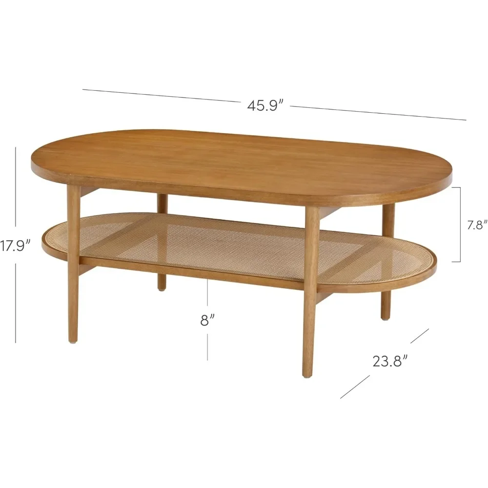 Bohemian 2-Tier Oval Coffee Table with Cane Shelf. Mid-Century Rattan Accent for Living Room, Boho Chic Home Decor
