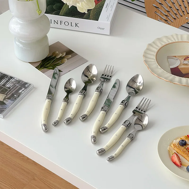 6Pcs Laguiole Ivory Silverware Steak Knives Forks Dinner Spoons Teaspoon Set Stainless Steel Cutlery Korean Tableware Home