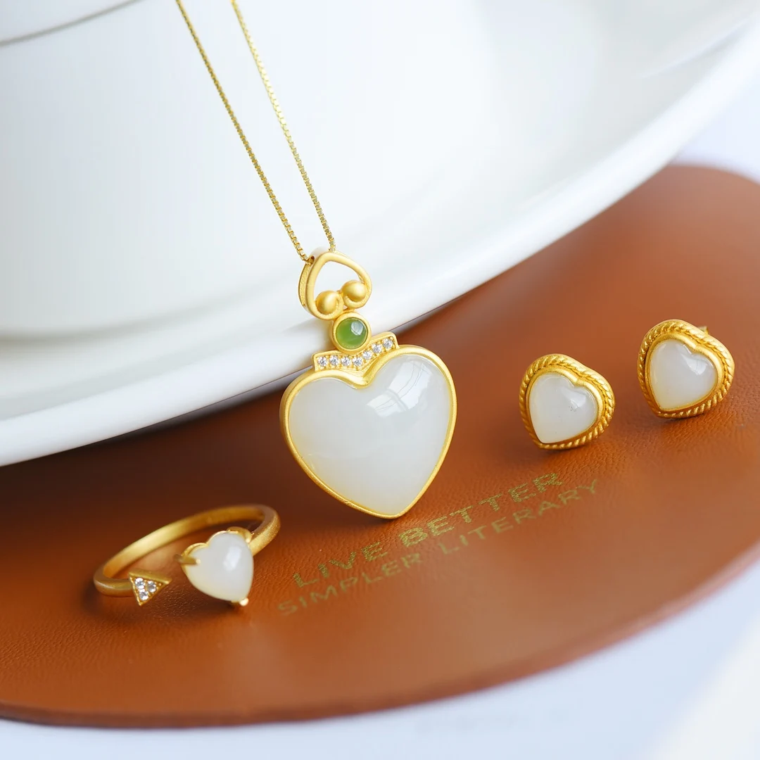 

Natural Hetian Jade Gemstone Set S925 Silver Gold Plated Women Accessories Jewelry Sets Women High Quality Women's Jewelry Sets