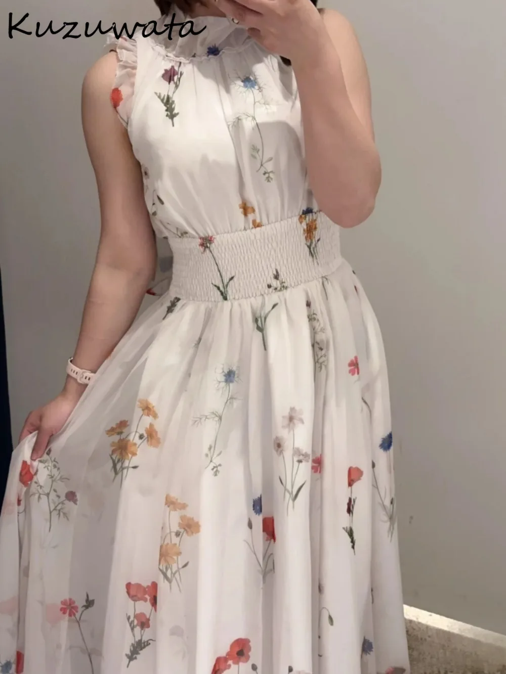 

Kuzuwata New Ruffles Halter Flying Sleeve Vestidos Print Lace Up Ball Gown Princess Sweet Robe Japan Slim Waist Elegant Dress