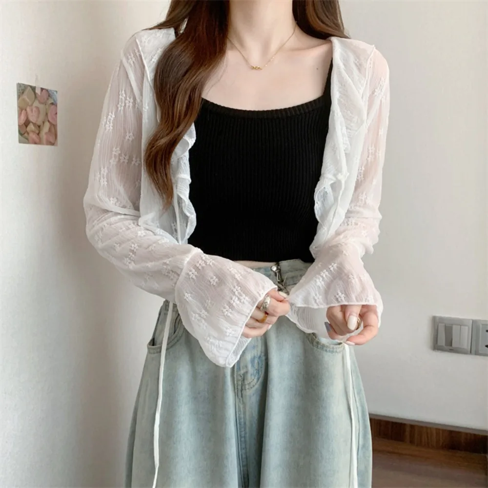 

Floral Flower Thin Sunscreen Cardigan Top Ruffled Edge See Through Knitted Long Sleeves Sunscreen Top Women's Crop Top