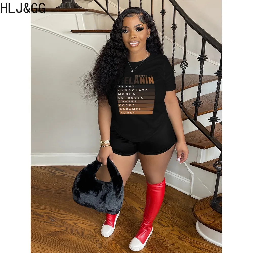 HLJ&GG Black Casual Letter Print Loose Tshirts Women Round Neck Short Sleeve Matching Tops Casual Female Harajuku Style Clothing