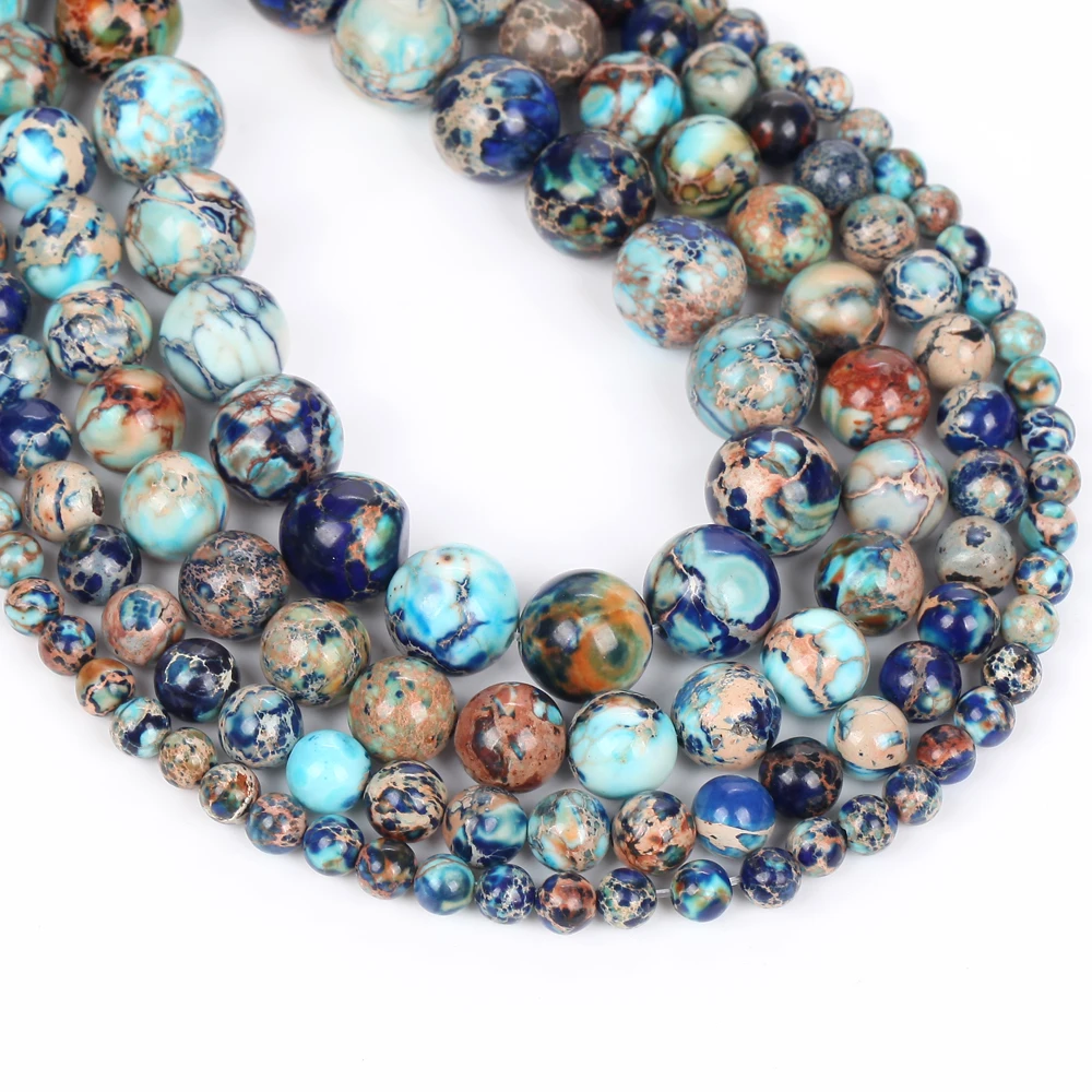 4mm-10mm natürliche Cyan Gold Farbe Meer Sediment Jaspers runde Perlen für Schmuck machen DIY Armbänder Halskette 15"