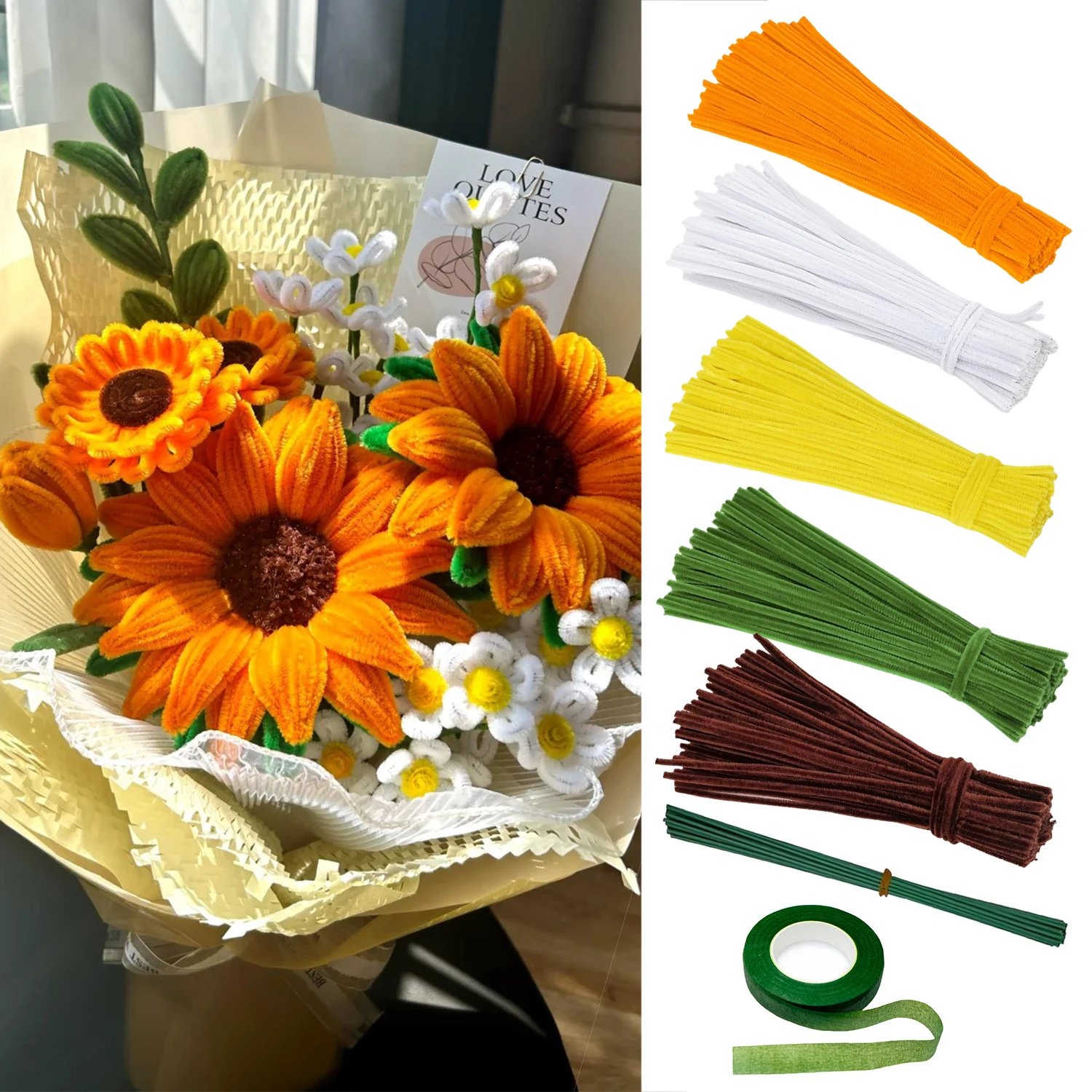 522Pcs Fluffy Chenille Stems Sunflower DIY Bouquet Kit, Handmade Flower Pipe Cleaner Craft Materials with Video Tutorial Card
