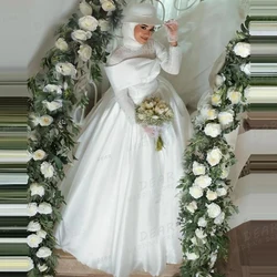 Simple A Line Wedding Dresses Women's Muslim Sexy Beading Long Sleeve Lace Up High Neck Bridal Gowns Vestidos De Novia Gloveless