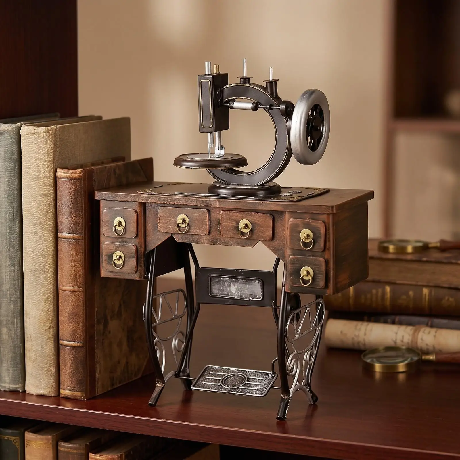 Wooden Metal Sewing Machine Vintage Decor Antique Craft Model Stitching Ornament for Home Office Rustic Shelf Art