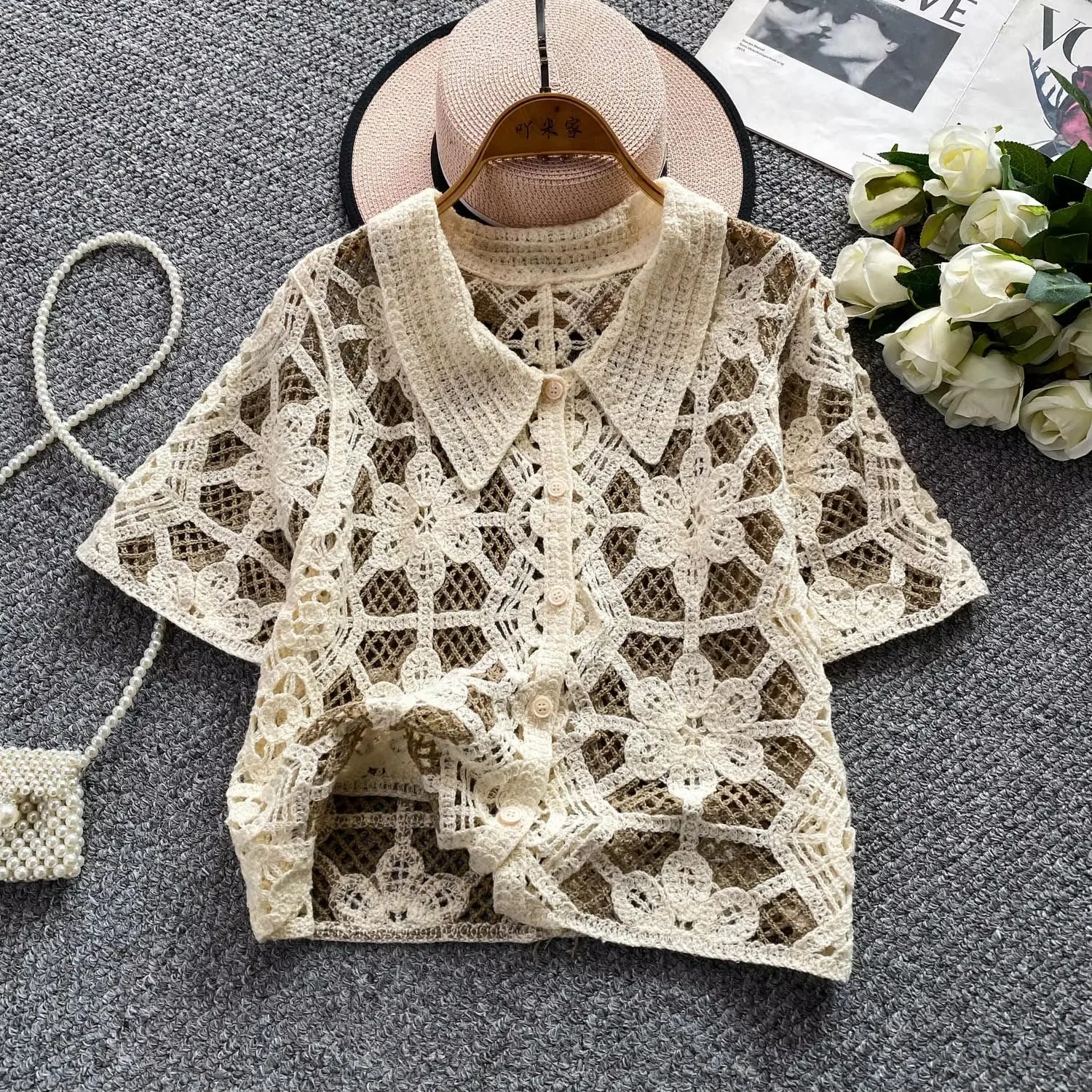 Short Sleeve Button Down Croch - Crochet Top Boho 评论和价格