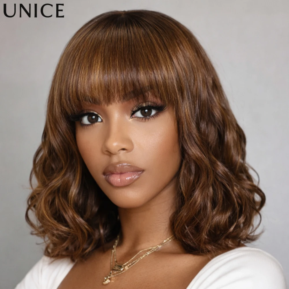 

Unice Hair Коричневый волнистый парик Боб с челкой Средняя часть 4x2 Парик Боб из натуральных волос Бесклеевой парик Готов к ношению Go 150% Плотность